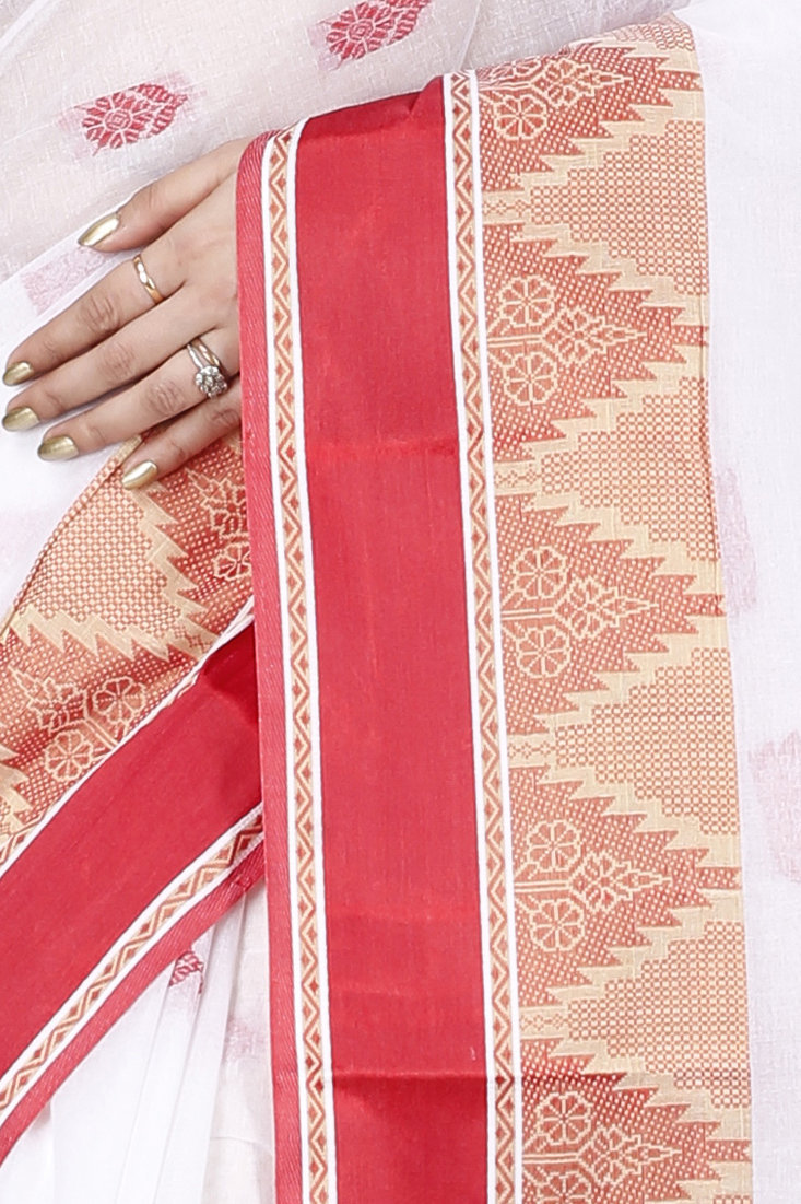 White Red Pure Cotton Sadasob Tant Saree (1028)